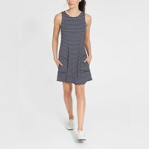 Athleta Super Swing Striped Dress, in Navy/Grey Heather Size Small